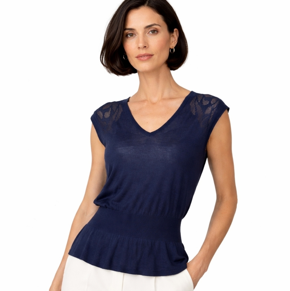Ann Taylor Sleeveless Knit Top S Navy  Lightweight Cotton